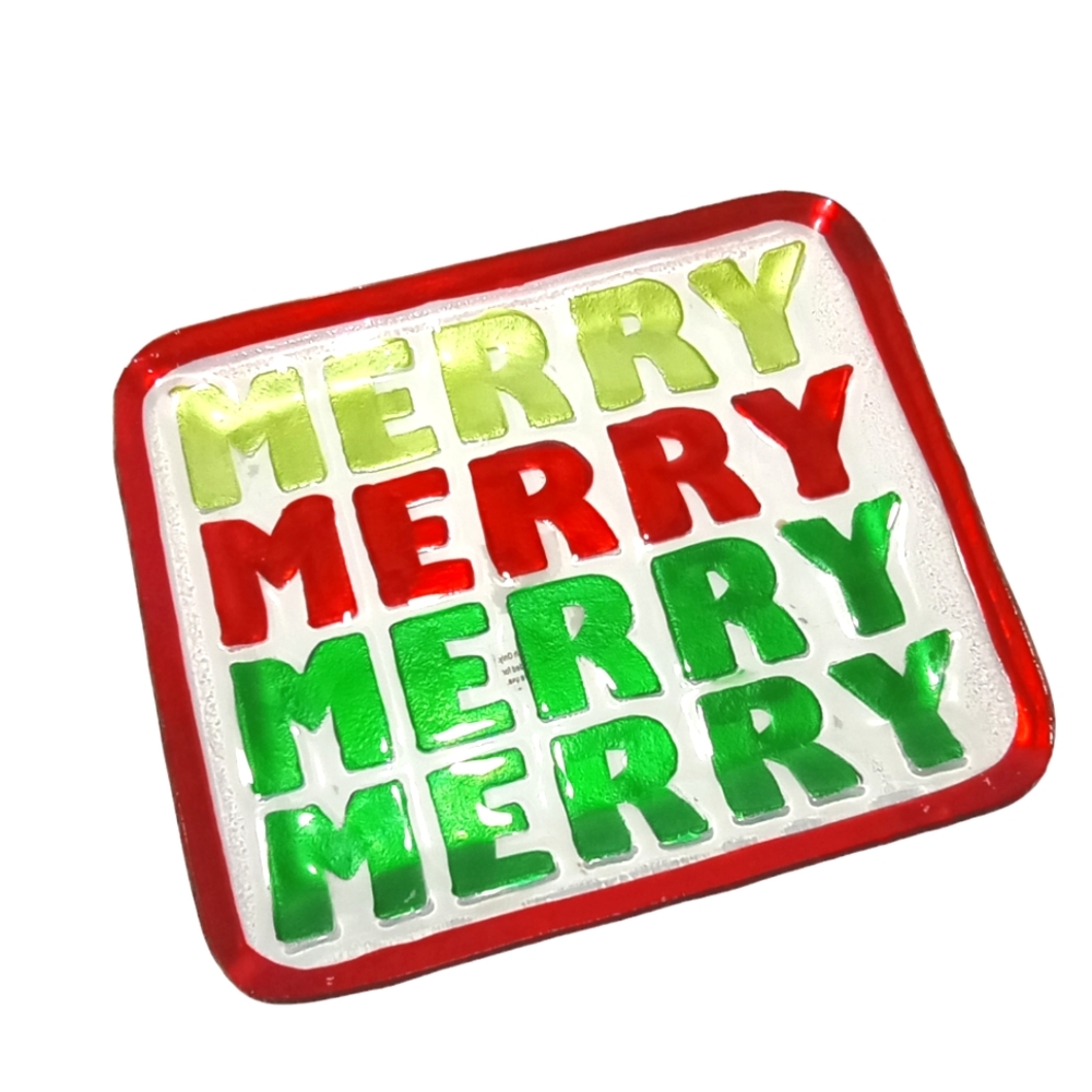 "Merry Merry Merry Merry" Christmas Holidays Glass Handpain Crystal Tray